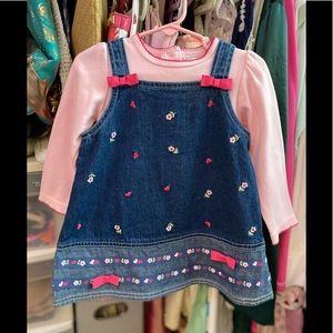 Embroidered Flowered & Hearts Denim Dress & Bodysuit 24M
